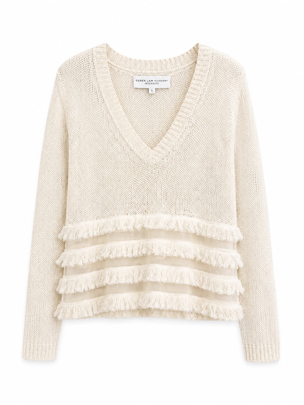 10 Crosby Derek Lam Cream V-Neck Fringed Stripe Sweater